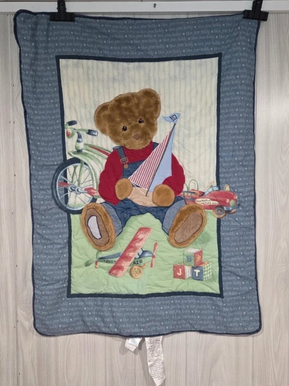 Blue Jean Teddy Bear Crib Quilt Toys Holding Sail Boat Baby Blanket Bike Vtg